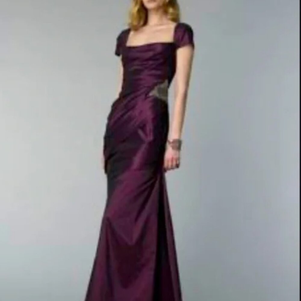 David Meister Taffeta Iridescent Mermaid Asymmetrical Maxi Gown Burgundy Size 6
